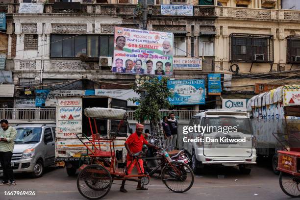 Signage in the Old Delhi district on September 08, 2023 in New Delhi, India. The Prime Ministers of the UK and India meet ahead of the G20 2023...