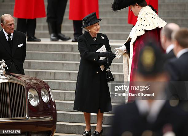 Queen Elizabeth II leaves the Ceremonial funeral of former British Prime Minister Baroness Thatcher at St Paul's Cathedral on April 17, 2013 in...