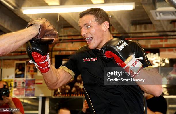 Robin Krasniqi trains during a media workout at the Stonebridge ABC Boxing Gym on April 17, 2013 in London, England.