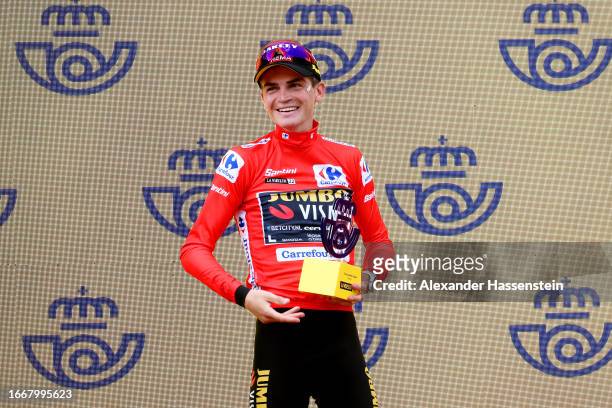 Sepp Kuss of The United States and Team Jumbo-Visma celebrates at podium as Red Leader Jersey winner during the 78th Tour of Spain 2023 a 134.7km...