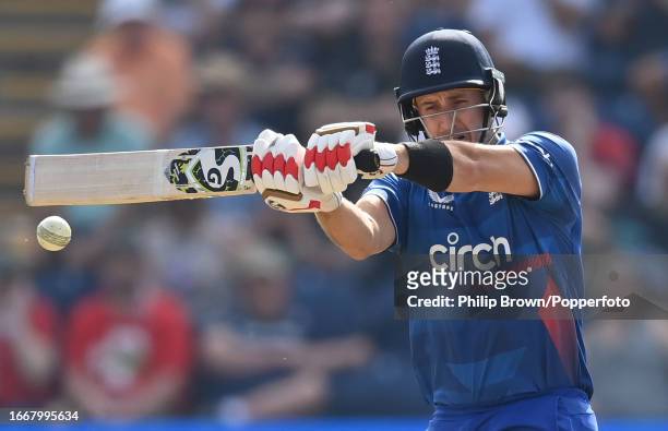 Liam Livingstone of England bats during the 1st Metro Bank One Day International between England and New Zealand at Sophia Gardens on September 08,...