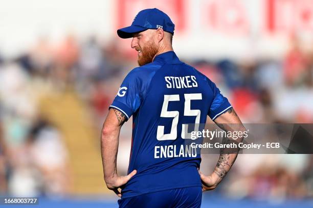 Ben Stokes of England during the 1st Metro Bank One Day International between England and New Zealand at Sophia Gardens on September 08, 2023 in...