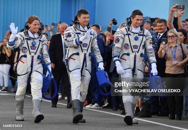 Astronaut Loral O'Hara and Russian Roscosmos cosmonauts Oleg Kononenko and Nikolai Chub, members of the International Space Station Expedition 70-71...