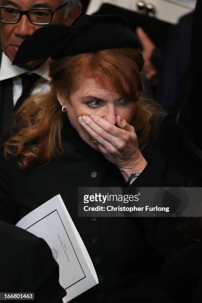 Sarah Ferguson Duchess of York leaves the Ceremonial funeral of former British Prime Minister Baroness Thatcher at St Paul's Cathedral on April 17,...