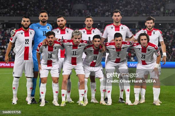 Players of Georgia pose for a team photograph prior to the UEFA EURO 2024 European qualifier match between Georgia and Spain at Boris Paichadze...