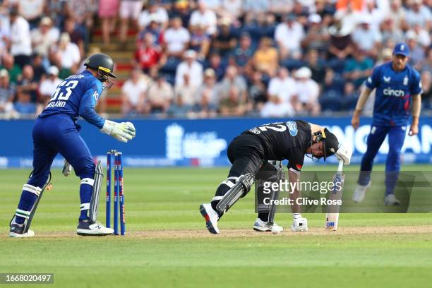 Will Young of New Zealand looks on after being bowled out by Adil Rashid of England during the 1st Metro Bank One Day International between England...
