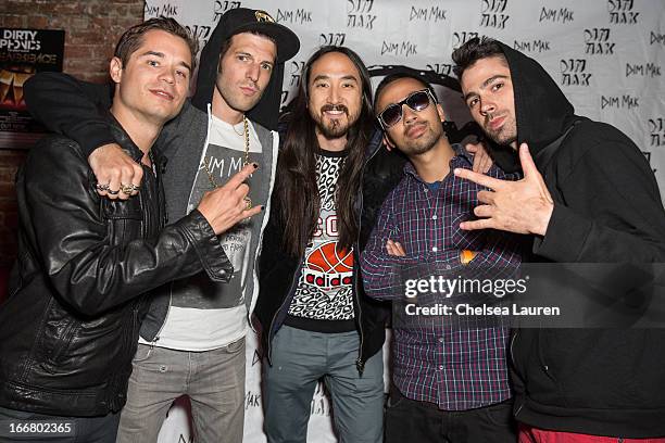 DJs Charly, Pitchin, Steve Aoki, Pho and Thomas attend the Dirtyphonics private press meet & greet and listening of new album "Irreverence" at Dim...