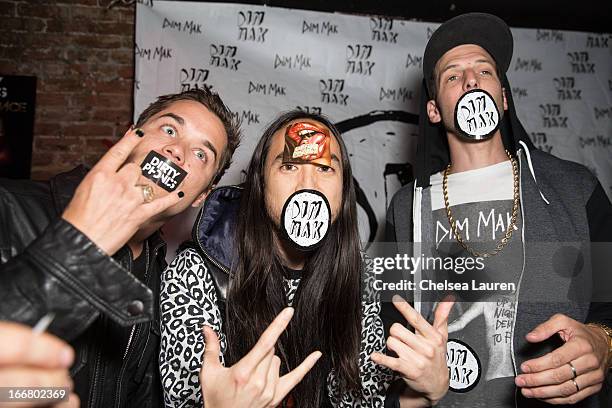 DJs Charly, Steve Aoki and Pitchin attend the Dirtyphonics private press meet & greet and listening of new album "Irreverence" at Dim Mak Studios on...