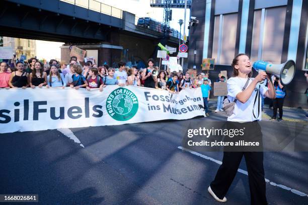 September 2023, Berlin: Climate activist Luisa Neubauer motivates the protest action of the climate protection movement Fridays for Future in...