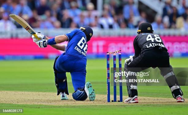 Bails fly as England's Joe Root loses his wicket for 29 runs during the fourth One Day International cricket match between England and New Zealand at...