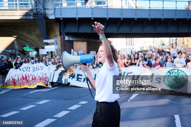 September 2023, Berlin: Climate activist Luisa Neubauer motivates the protest action of the climate protection movement Fridays for Future in...