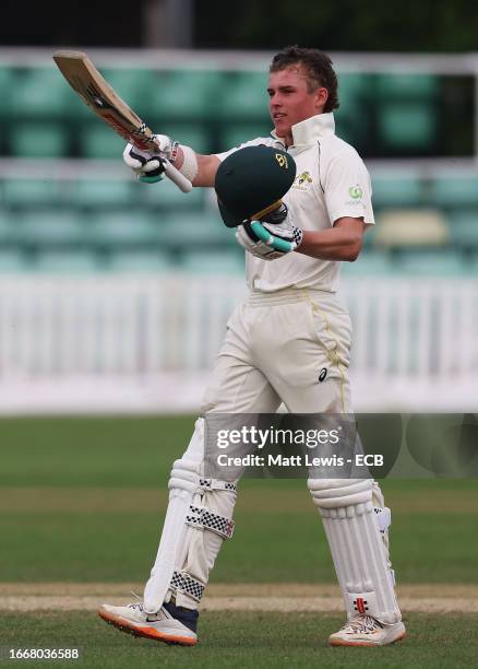 Harry Dixon of Australia celebrates his century during the first day between England U19 and Australia U19 at New Road on September 08, 2023 in...