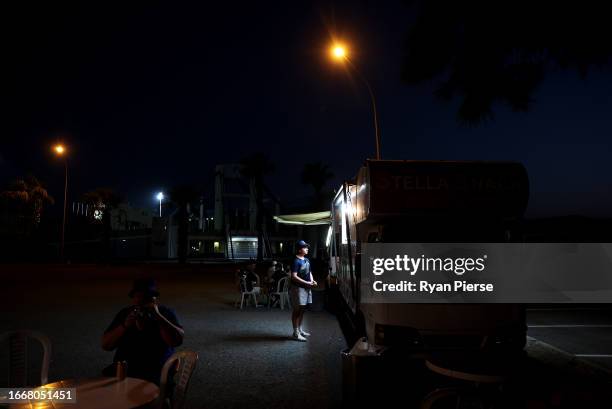 Fans of Scotland are seen next to a food and drink vendor outside the stadium prior to the UEFA EURO 2024 European qualifier match between Cyprus and...