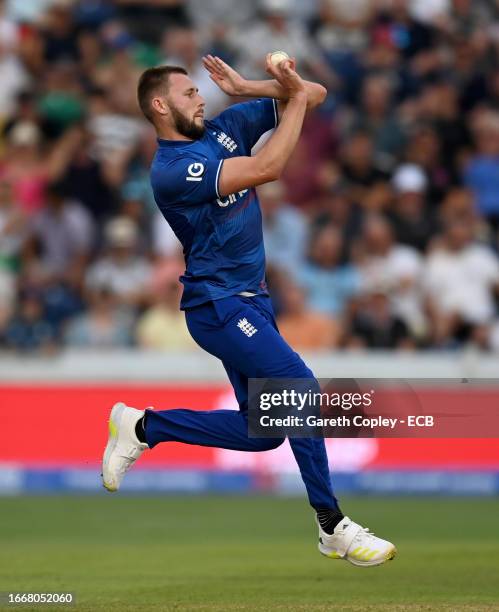 Gus Atkinson of England during the 1st Metro Bank One Day International between England and New Zealand at Sophia Gardens on September 08, 2023 in...