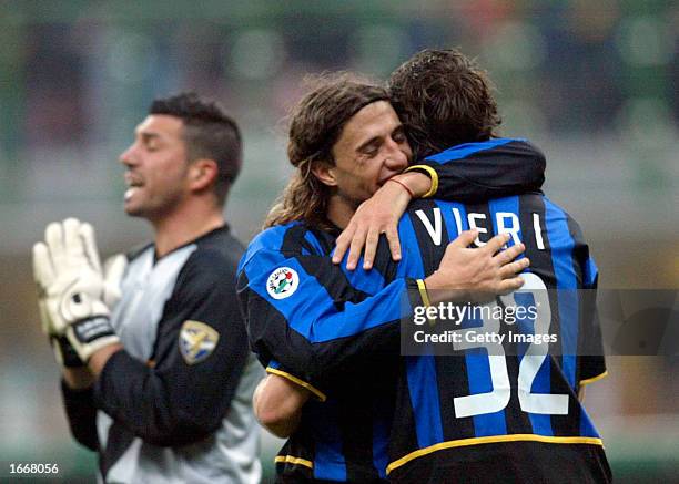 Christian Vieri of Inter Milan celebrates with Hernan Crespo after scoring during the Serie A match between Inter Milan and Brescia, played at the...