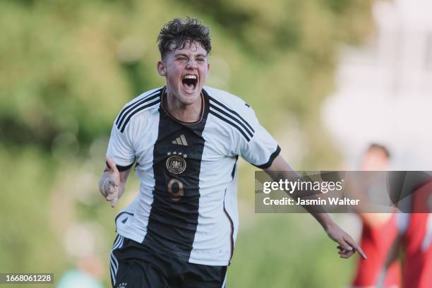 Alexander Staff of Germany celebrates after a goal during the international friendly match between U16 Germany and U16 Austria at ebmpapst-Stadion on...