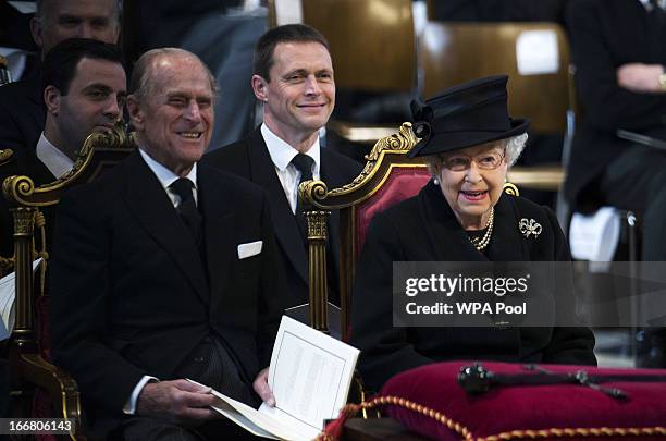 Queen Elizabeth II and Prince Phillip, Duke of Edinburgh attend the funeral of Baroness Margaret Thatcher at St Paul's Cathedral on April 17, 2013 in...