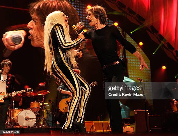 Lady Gaga and Mick Jagger of The Rolling Stones performs at the Prudential Center on December 15, 2012 in Newark, New Jersey. The Rolling Stones...