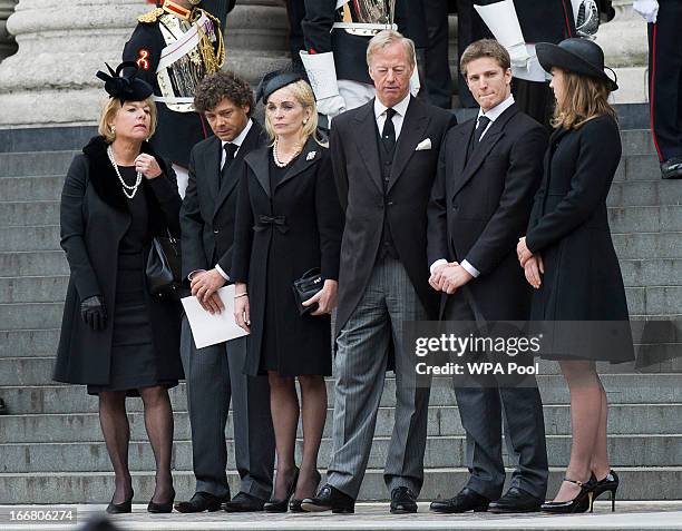 Carol Thatcher, Marco Grass, Sarah Thatcher, Mark Thatcher, Michael Thatcher and Amanda Thatcher look on from the steps of St Paul's Cathedral as the...