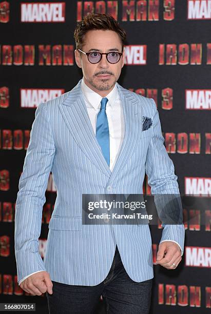 Robert Downey Jnr attends the Iron Man 3 photocall at The Dorchester on April 17, 2013 in London, England.