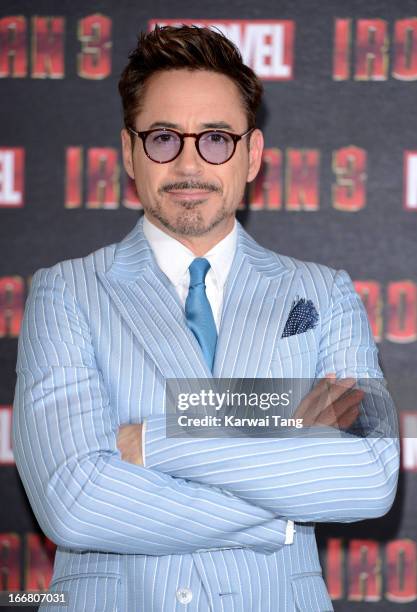 Robert Downey Jnr attends the Iron Man 3 photocall at The Dorchester on April 17, 2013 in London, England.