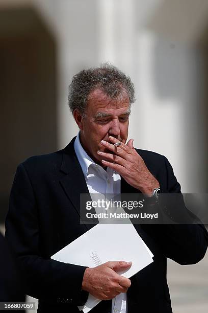 Jeremy Clarkson smokes as he leaves a reception at the Guildhall following the ceremonial funeral of former British Prime Minister Margaret Thatcher...