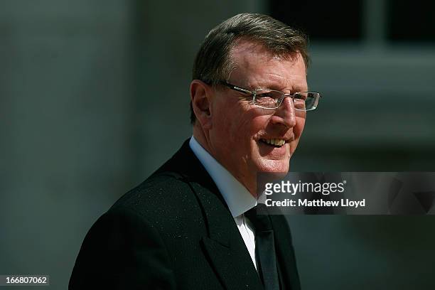 Former First Minister of Ireland David Trimble leaves a reception held at the Guildhall following the ceremonial funeral of former British Prime...