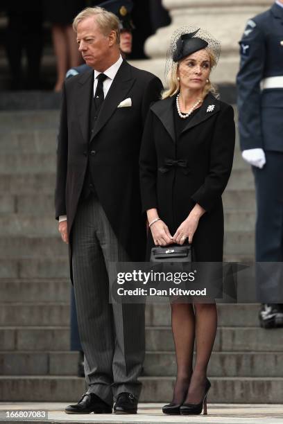Mark Thatcher and Sarah Thatcher depart St Paul's Cathedral after the Ceremonial funeral of former British Prime Minister Baroness Thatcher on April...