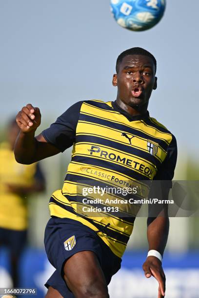 Ange-Yoan Bonny of Parma Calcio looks the ball during friendly match between Parma Calcio and Spal on September 08, 2023 in Collecchio, Italy.