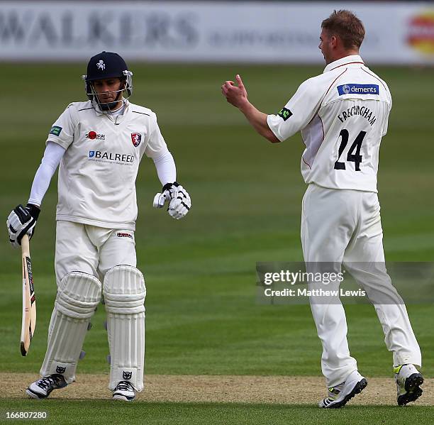 Ollie Freckingham of the Leicestershire celebrates bowling Brendan Nash of the Kent for LBW during day one of the LV County Championship match...