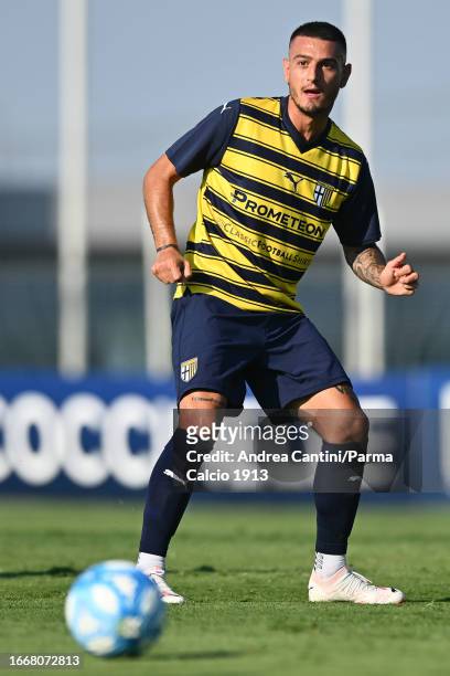 Anthony Partipilo kicks the ball during friendly match between Parma Calcio and Spal on September 08, 2023 in Collecchio, Italy.