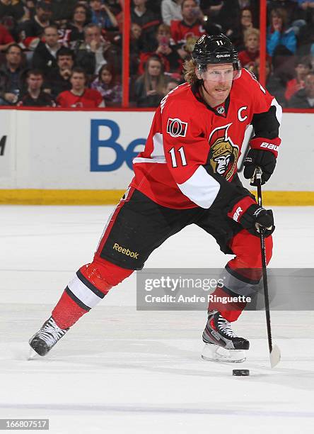Daniel Alfredsson of the Ottawa Senators skates against the New York Rangers on March 28, 2013 at Scotiabank Place in Ottawa, Ontario, Canada.