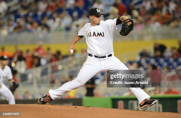 Starting pitcher Jose Fernandez of the Miami Marlins pitches against the Philadelphia Phillies at Marlins Park on April 13, 2013 in Miami, Florida.