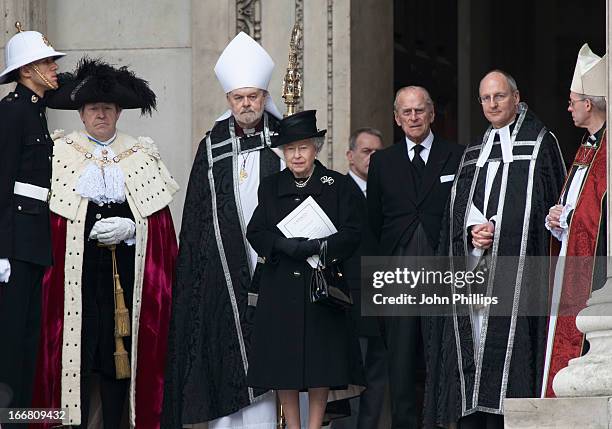 Queen Elizabeth II and Prince Philip, Duke of Edinburgh leave the ceremonial funeral of former British Prime Minister Baroness Thatcher at St Paul's...