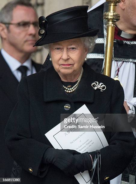 Queen Elizabeth II leaves the ceremonial funeral service of former British Prime Minister Margaret Thatcher at St Paul's Cathedral on April 17, 2013...