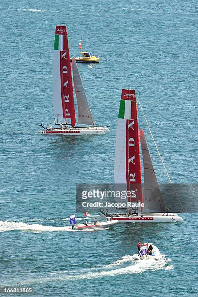 Team Luna Rossa Piranha skippered by Chris Draper and Team Luna Rossa Swordfish skippered by Francesco Bruni sail during a pracetice race of...
