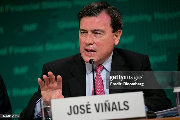 Jose Vinals, director of the capital markets department with the International Monetary Fund , speaks at a global financial stability report news...