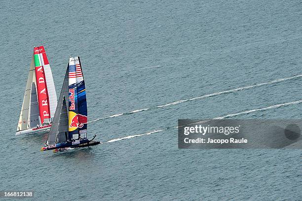 Team Luna Rossa Swordfish skippered by Francesco Bruni and HS Team skippered by Roman Hagara sail during a practice race of America's Cup World...