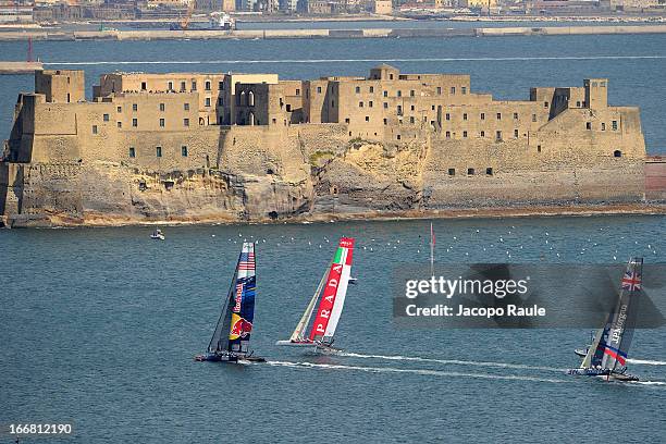 Teams sail in front of Castel dell'Ovo during a practice race of America's Cup World Series Naples on April 17, 2013 in Naples, Italy.