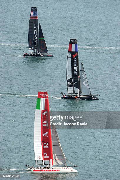 Teams sail during a practice race of America's Cup World Series Naples on April 17, 2013 in Naples, Italy.