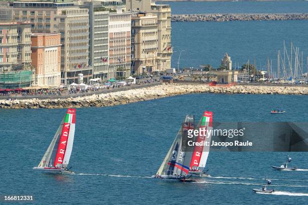 Teams sail during a practice race of America's Cup World Series Naples on April 17, 2013 in Naples, Italy.