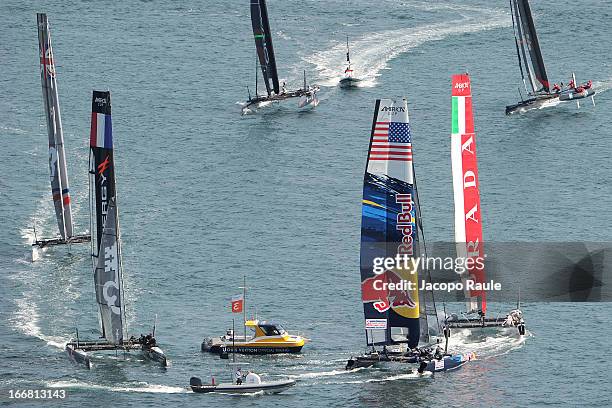 Teams sail during a practice race of America's Cup World Series Naples on April 17, 2013 in Naples, Italy.