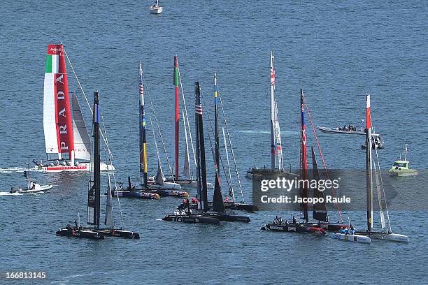 Teams sail during a practice race of America's Cup World Series Naples on April 17, 2013 in Naples, Italy.