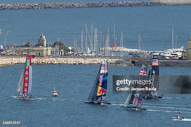 Teams sail during a practice race of America's Cup World Series Naples on April 17, 2013 in Naples, Italy.