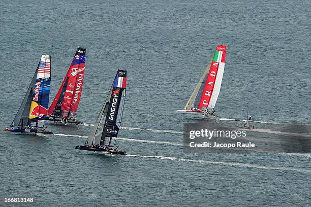 Teams sail during a practice race of America's Cup World Series Naples on April 17, 2013 in Naples, Italy.