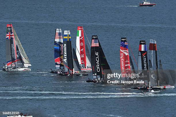 Teams sail during a practice race of America's Cup World Series Naples on April 17, 2013 in Naples, Italy.