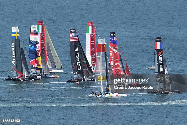 Teams sail during a practice race of America's Cup World Series Naples on April 17, 2013 in Naples, Italy.