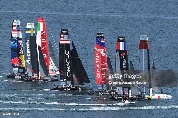 Teams sail during a practice race of America's Cup World Series Naples on April 17, 2013 in Naples, Italy.