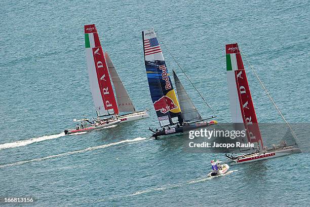 Teams sail during a practice race of America's Cup World Series Naples on April 17, 2013 in Naples, Italy.