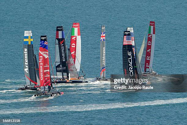 Teams sail during a practice race of America's Cup World Series Naples on April 17, 2013 in Naples, Italy.